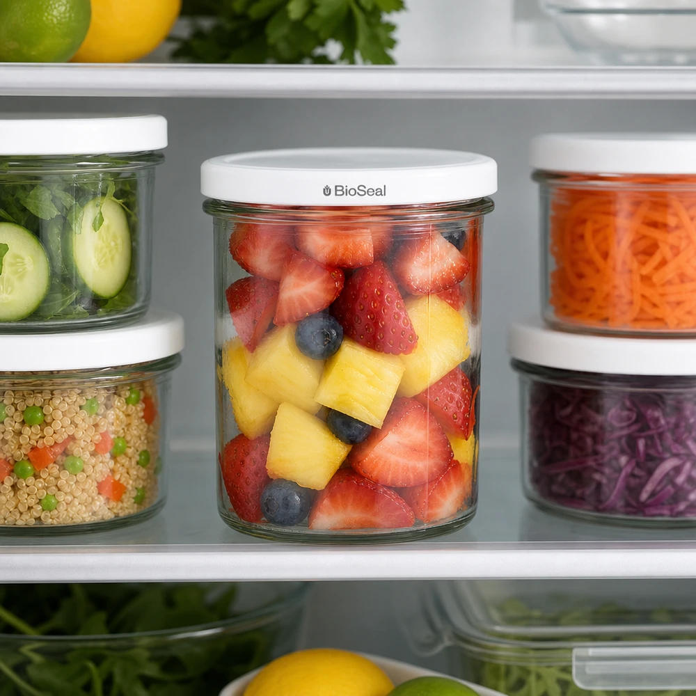 UNiTWIST Lintel350 med hvidt låg TO82 BioSeal UNiTWIST Sturz350 fyldt med frugtsalat i køleskabet viser optimal friskhed takket være TO82 BioSeal-låget