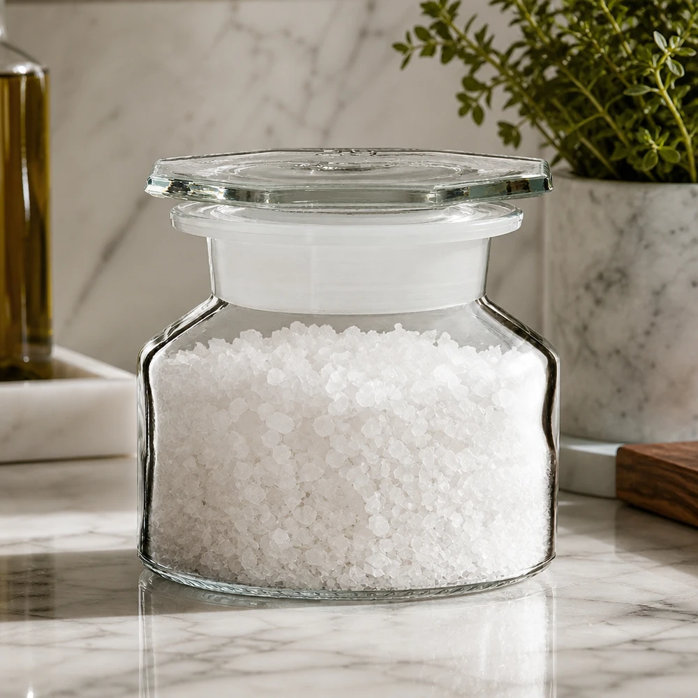 Idé til krydderiglas: 50 ml flaske med stejl hals og bred hals i klart glas Gennemsigtigt glas med bred hals, 50 ml, fyldt med groft havsalt, på en hvid marmorbordplade