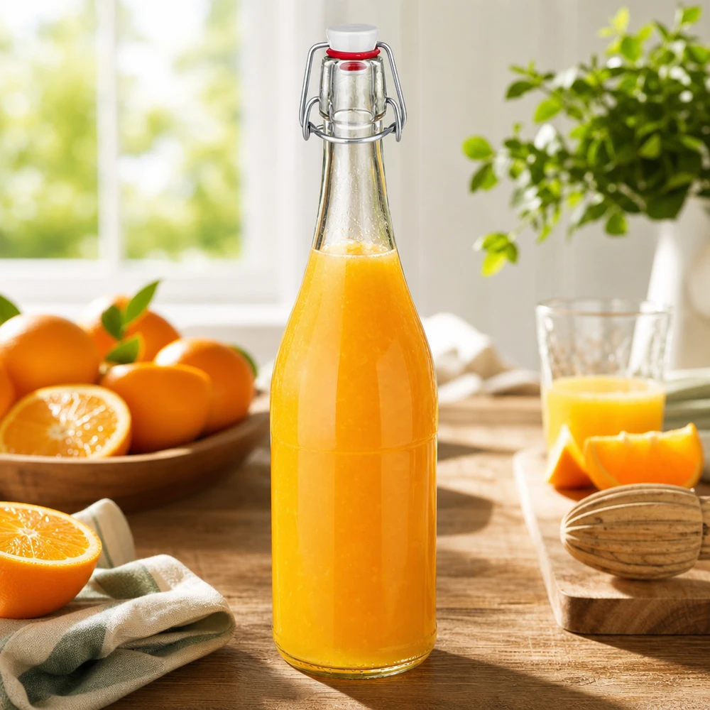 750 ml glasflaske og hængelåg i PVC UNiTWIST 750ml Glasflasche Bügelverschluss mit Orangensaft befüllt Sonnenlicht Frühstückstisch frische Orangen vitaminreich