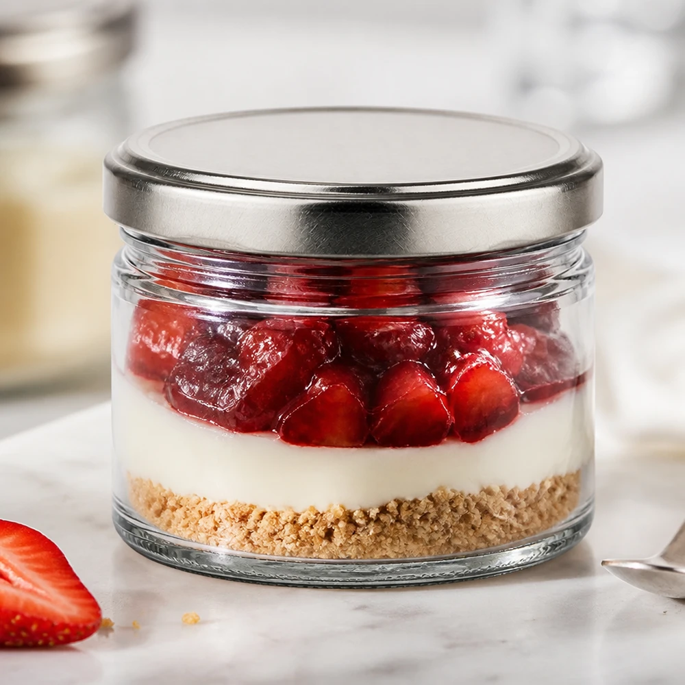 540 ml rund krukke + BasicSeal-låg sølvmat UNiTWIST 540 ml rundt glas med sølvlåg som dessertglas til jordbærcheesecake i glas, lagdelt dessert