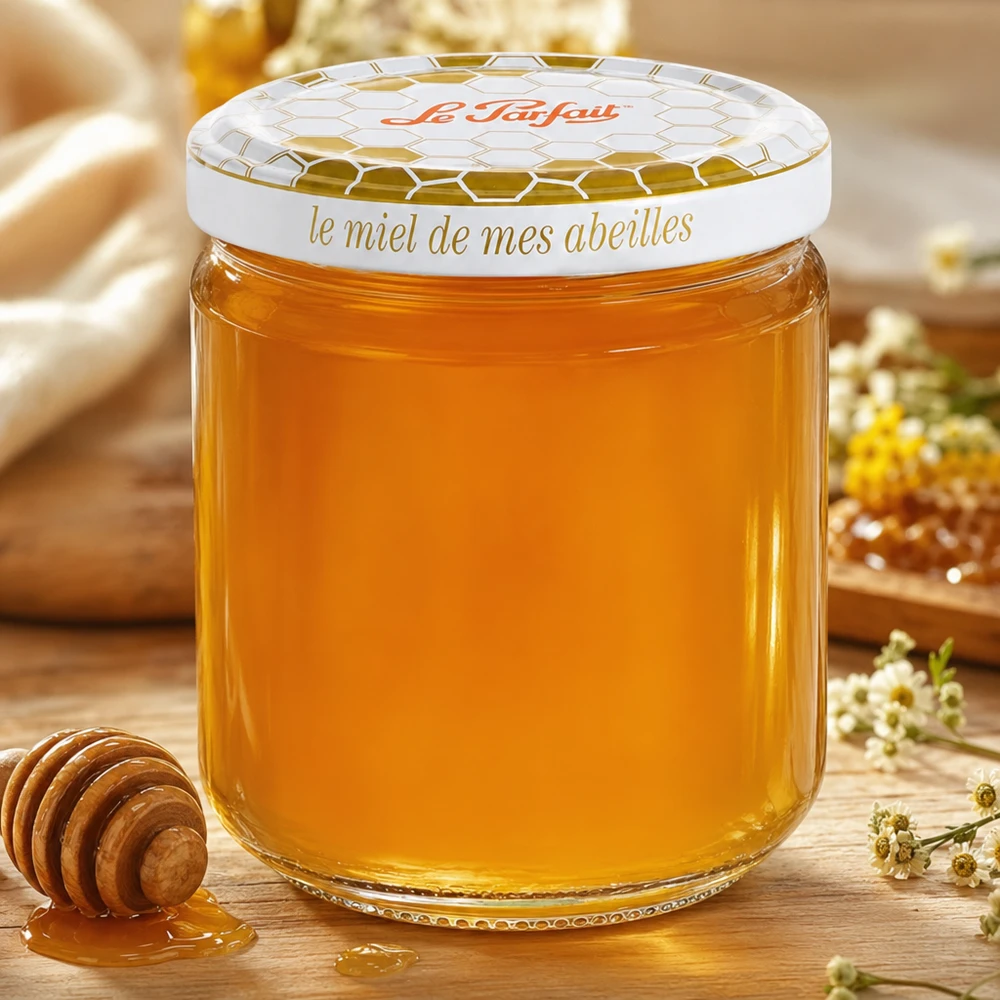 Le Parfait® honningglas 212 ml Ø63 mm Le Parfait 212 ml honningkrukke fyldt med gylden honning ved siden af honningske og kamille på træbord