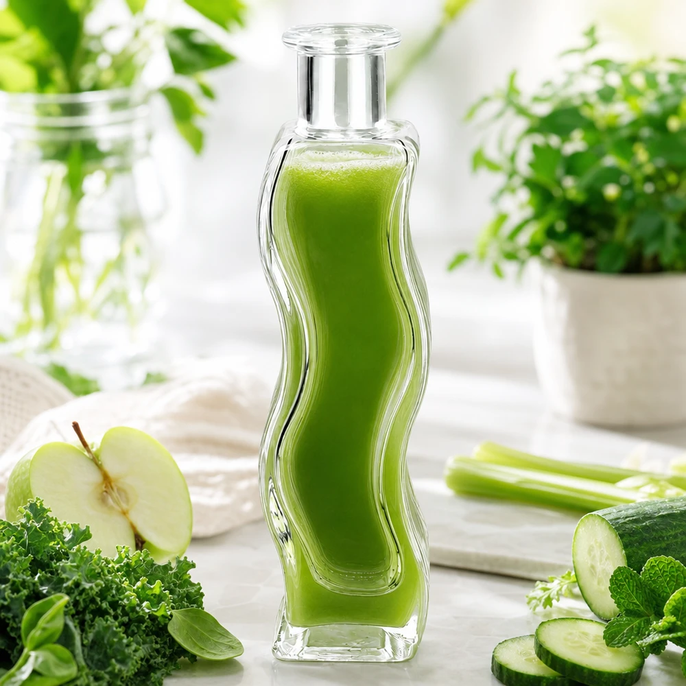 100 ml glasflaske »Melissa« uden lukning UNiTWIST® 100 ml glasflaske med Melissa fyldt med grøn smoothie omgivet af grøntsager, æble, agurk og krydderurter på et hvidt træbord.