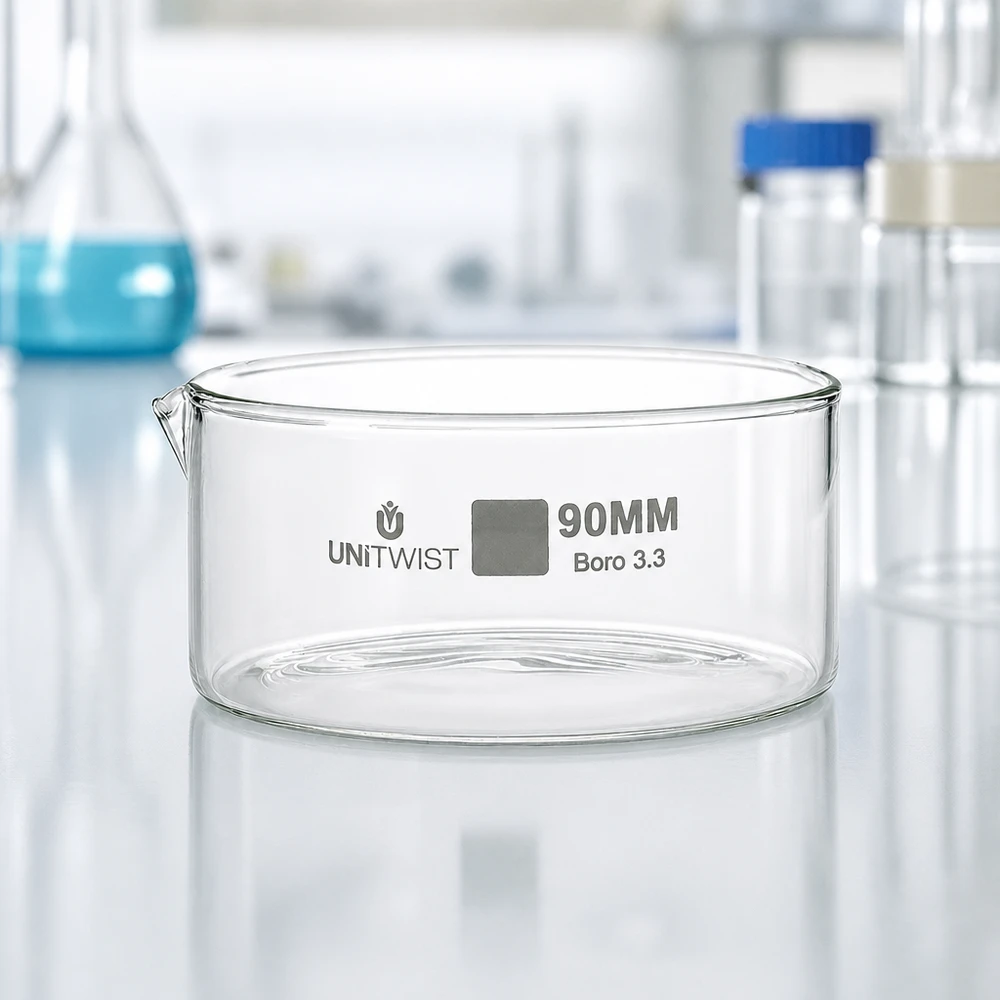 Krystalliseringsskål ø90mm borosilikatglas UNiTWIST Tom krystalliseringsskål, 90 mm, Boro 3.3-glas, på hvid laboratorieplade, UNiTWIST