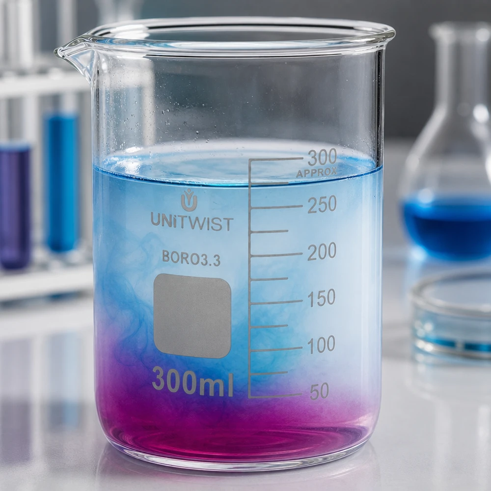 Bæger 300 ml borosilikat, lav form UNiTWIST Borosilikat-bægerglas, 300 ml, lav form med blå-violet farveovergang til laboratoriebrug