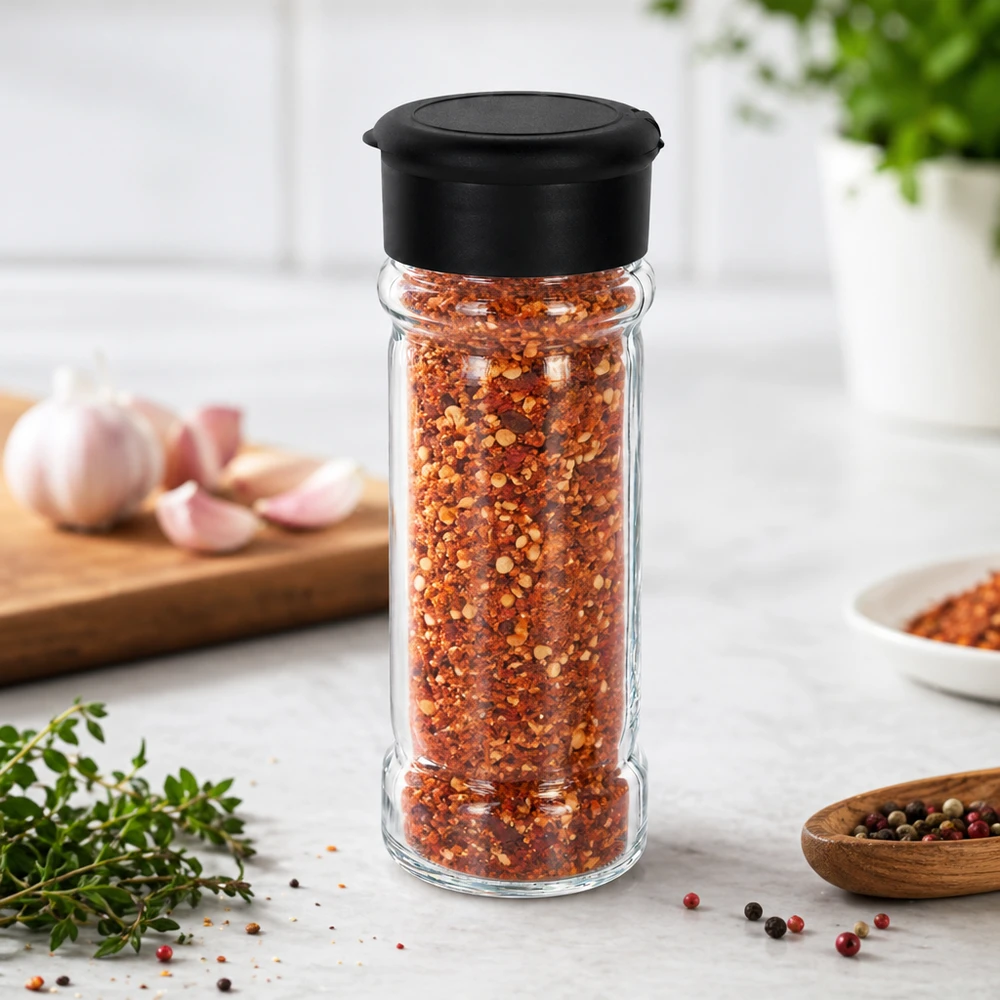 Salt-/krydderikrukke 100 ml med strøer, sort Glas med chiliflager (100 ml) med sort drysselåg ved siden af friske urter og hvidløg