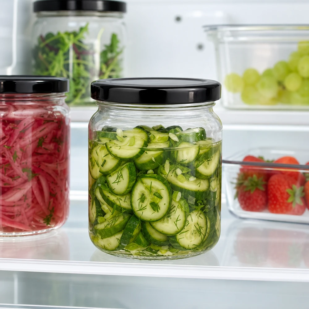 53 ml rund krukke med BasicSeal-låg sort UNiTWIST 53ml Rundglas mit schwarzem Deckel gefüllt mit eingelegten Gurken im Kühlschrank frische Konservierung Pickles