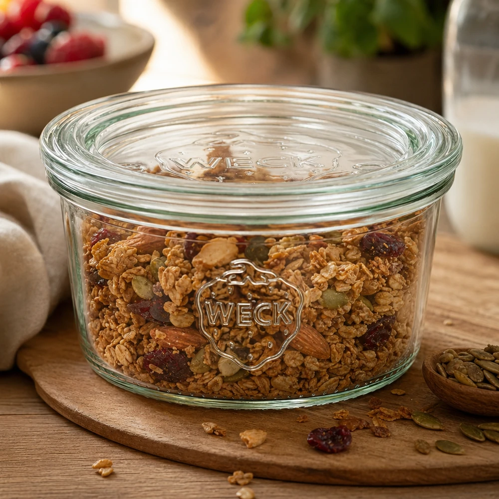 165 ml Briller med glaslåg WECK RR80 WECK 165 ml RR80 murerbalje fyldt med müsli og tørret frugt på en rund træplade til perfekt opbevaring
