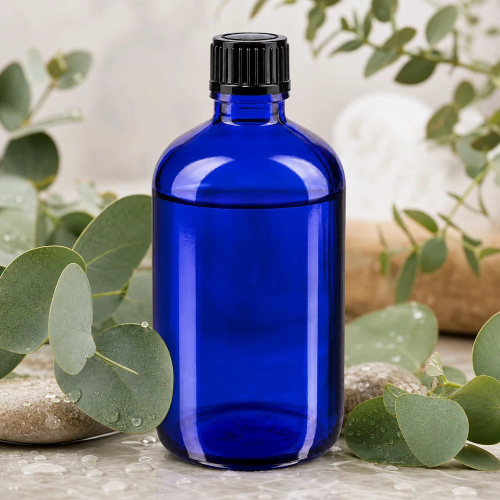 Koboltblå glasflaske på 100 ml med sort dråbeindsats omgivet af friske eukalyptusgrene