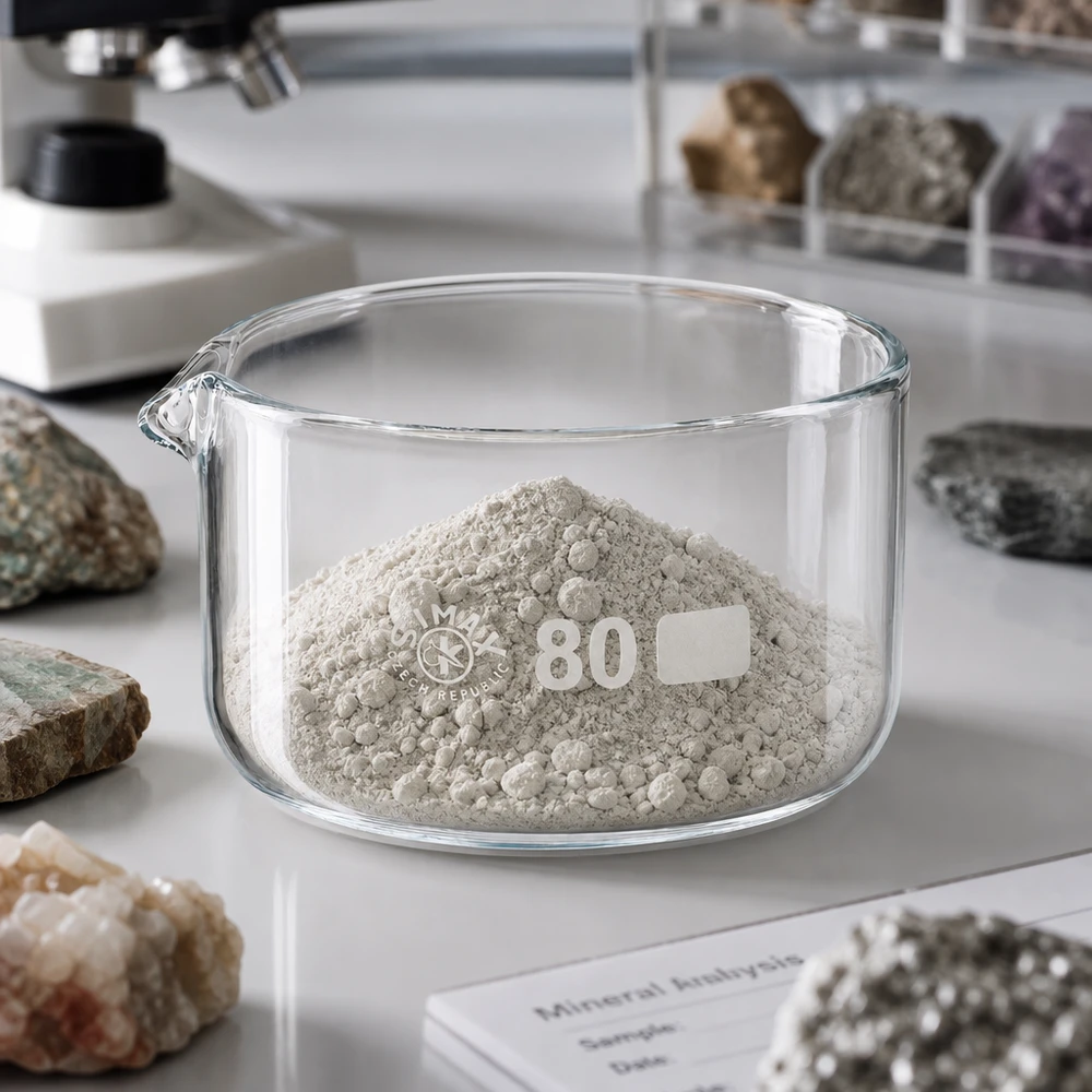 Krystalliseringsskål på 150 ml med gråt mineralpulver på en hvid laboratorieplade, omgivet af stenprøver med en diameter på 80 mm