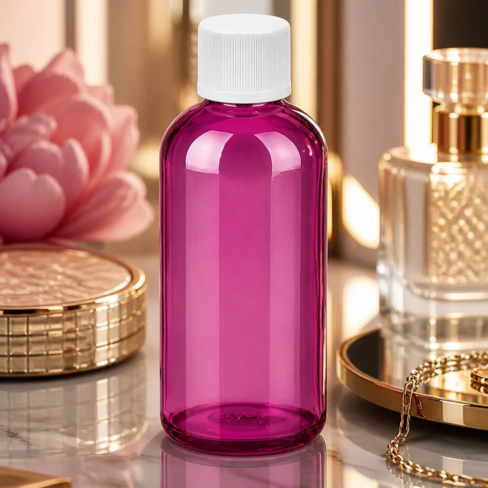 100 ml flaske 11 mm skruelåg hvid standard børnesikret PurpleLine. UT18/100 Højkvalitets plastflaske 100 ml i lilla med UT18-gevind til professionelle kosmetikprodukter