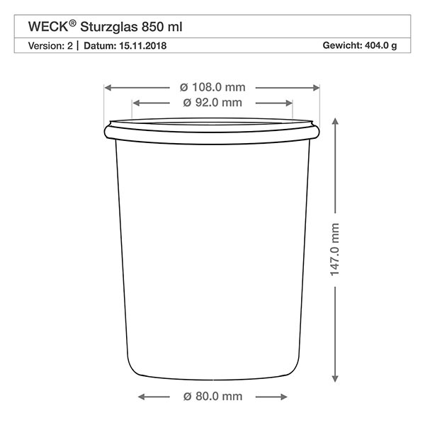 850 ml Briller WECK RR100 med trækugle bøg WECK drikkeglas 850ml RR100 teknisk tegning dimensioner dimensioner 108mm diameter 147mm højde produktspecifikation