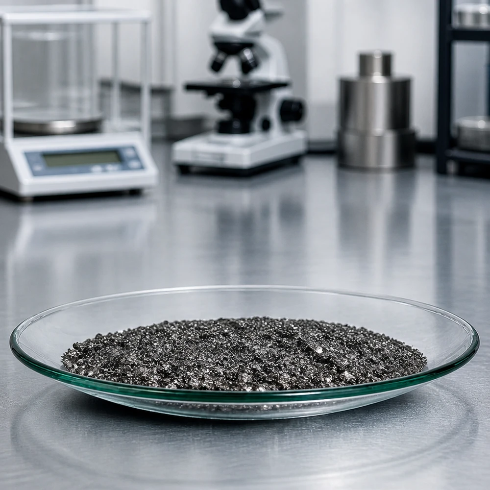 Urglasskål Ø 110 mm Urglasskål 110 mm med mørkfarvet prøvemateriale på reflekterende laboratorieoverflade af rustfrit stål