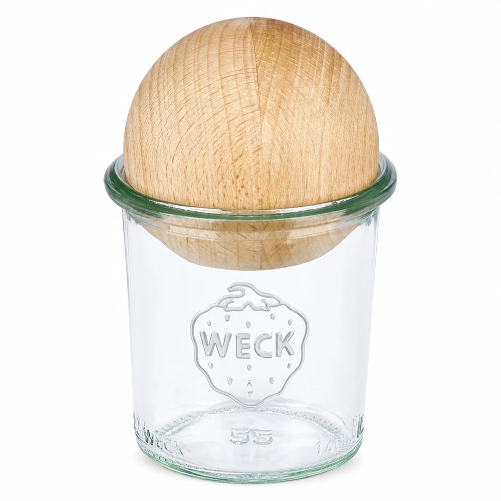 140 ml Briller WECK RR60 med trækugle bøg WECK 140 ml RR60 murerbalje med bøgetræslåg til opbevaring og konservering