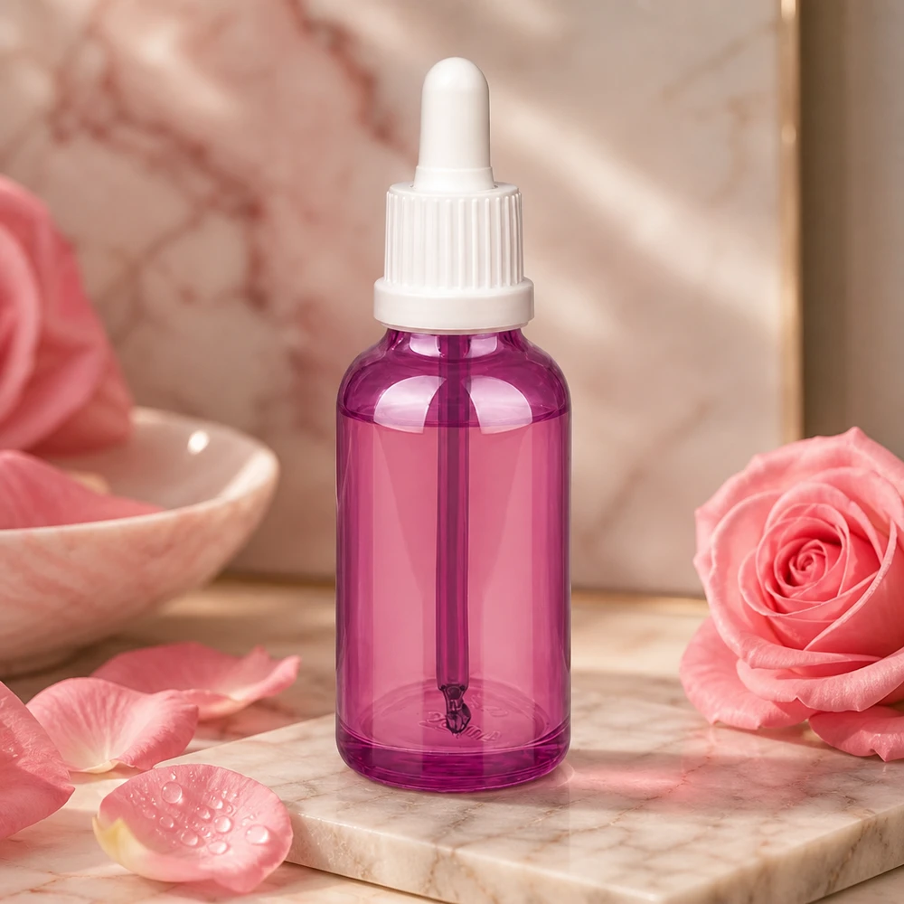 30 ml pipetteflaske hvid originalitet skruelåg PurpleLine UT18/30 30 ml pipetteflaske i elegant lilla farve med praktisk dråbehætte til kosmetik