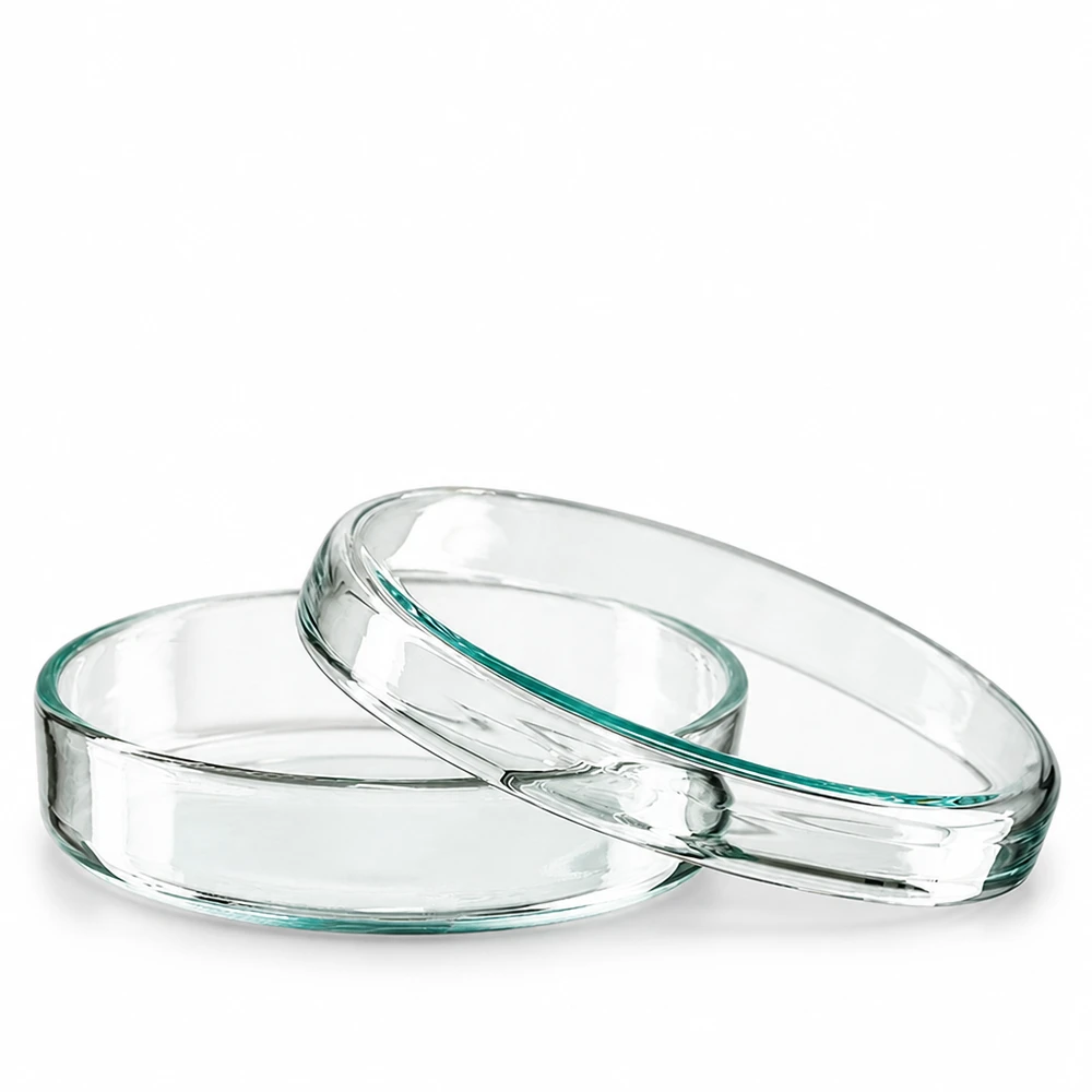 Glas-Petriskål, 70 x 15 mm, gennemsigtig, tom, på hvid baggrund