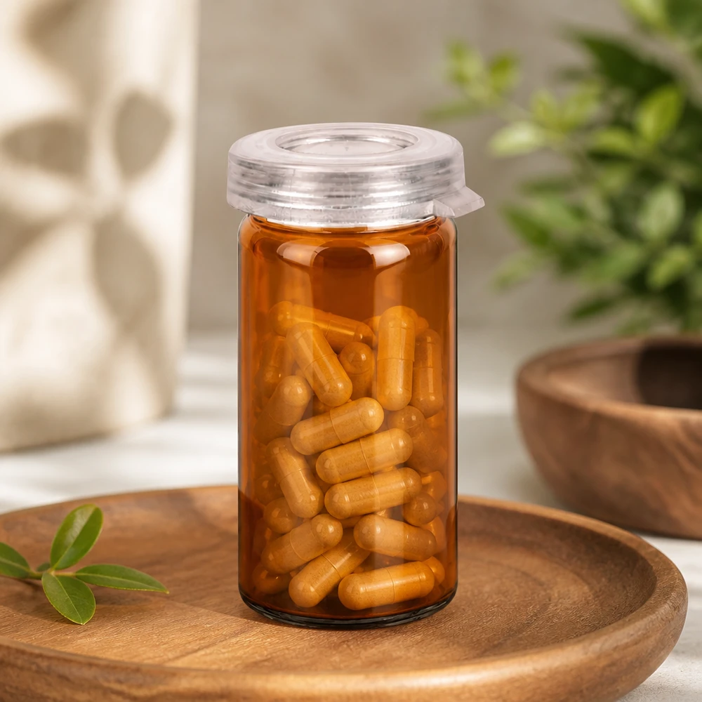 Ravfarvet glas med rullet kant, 5 ml, med gyldne kapsler på et træfad med naturligt mønster