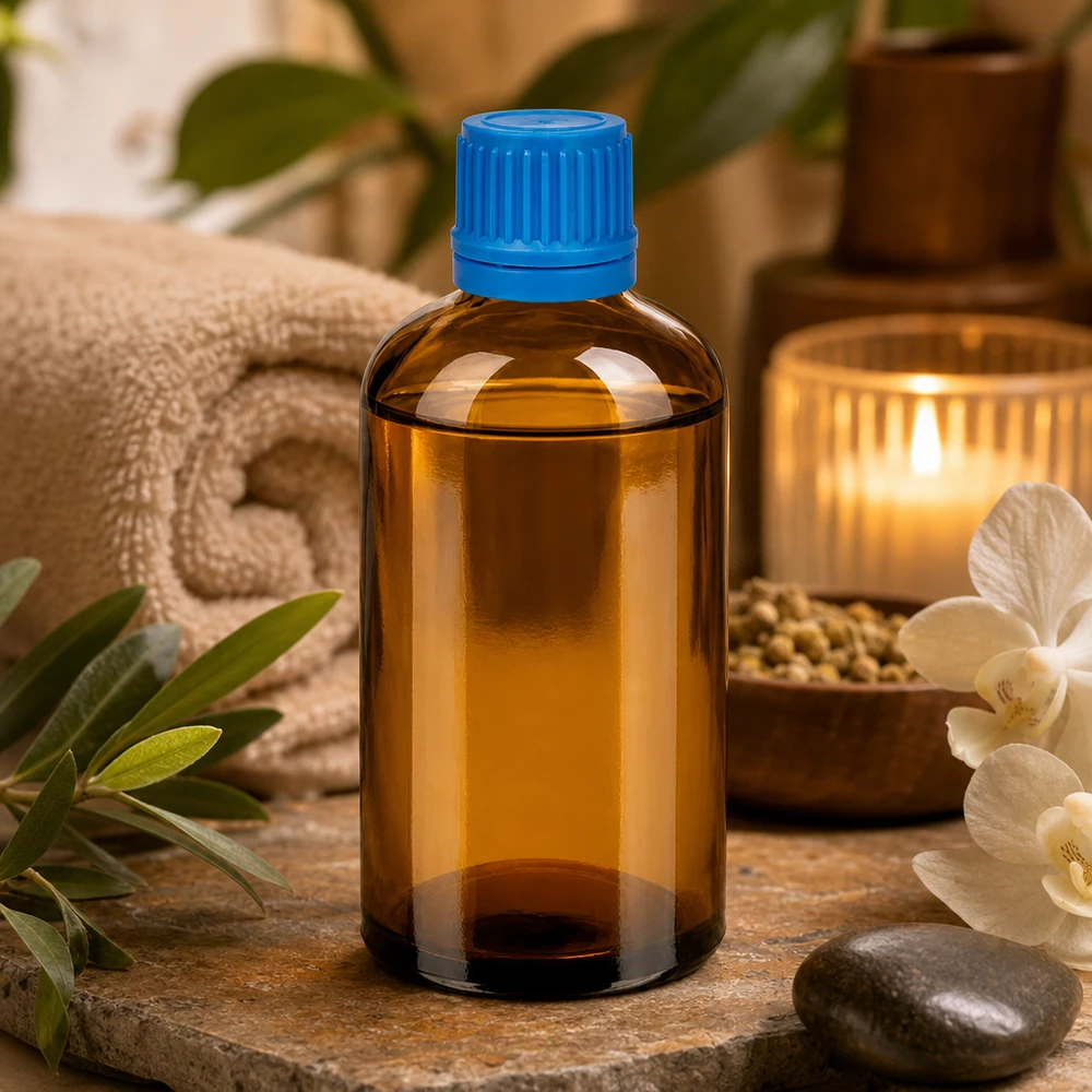 100 ml flaske 11 mm SV blå OV BrownLine UT18/100 Højkvalitets glasflaske 100 ml i brun med blå hætte til kosmetik og wellness