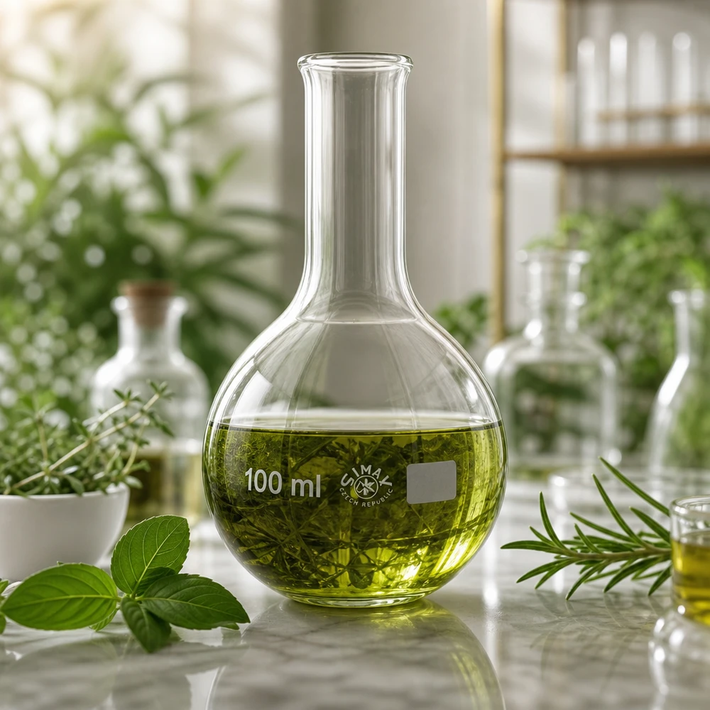 Stående kolbe 100 ml med smal hals Hofteflaske 100 ml med grøn væske og planteekstrakt til botaniske laboratorieforsøg