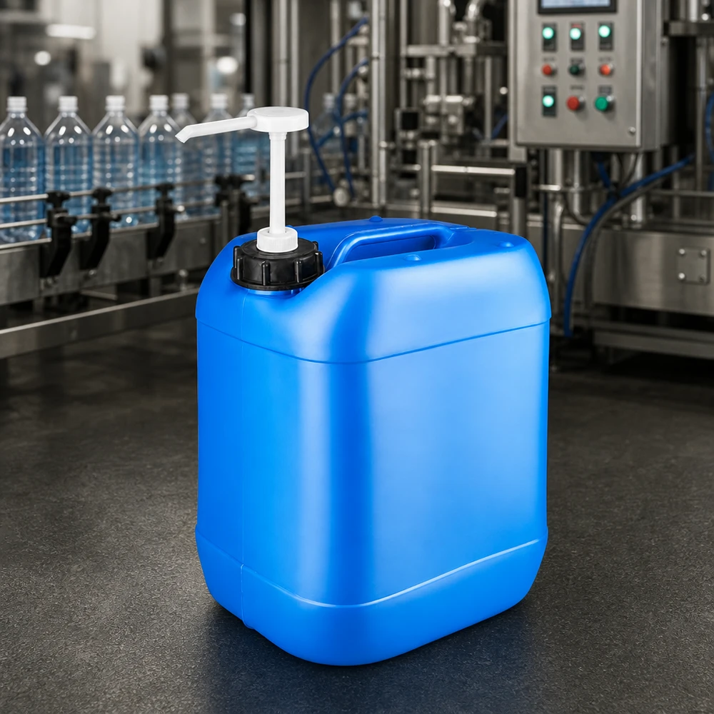20 liters blå dunk med doseringspumpe Blå 20-liters industrikanister med hvid pumpe foran påfyldningsanlægget i produktionshallen