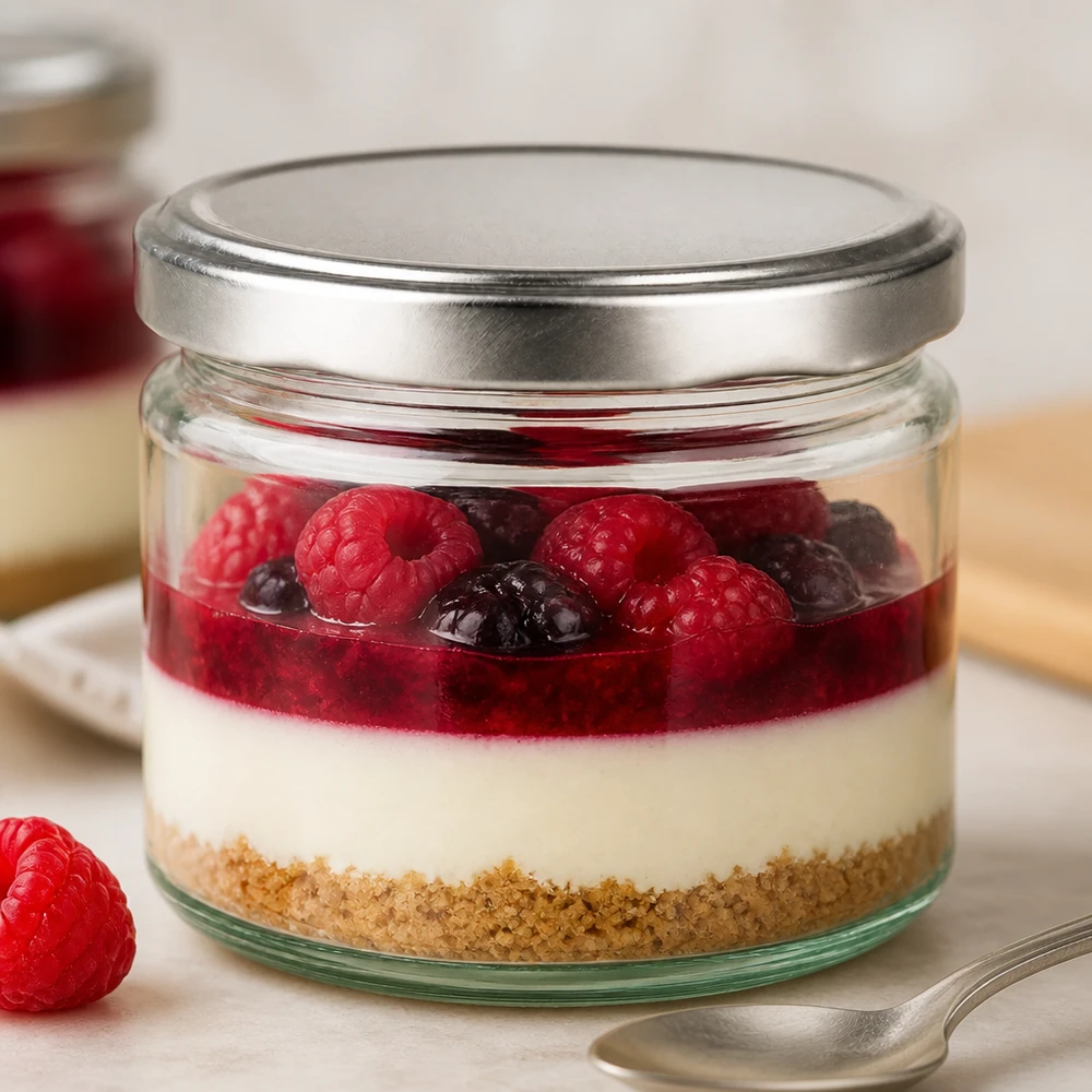330 ml rund krukke med BasicSeal-låg sølv UNiTWIST 330 ml rund krukke med BasicSeal-låg i sølv fyldt med dessert hindbær blåbær cheesecake i krukke
