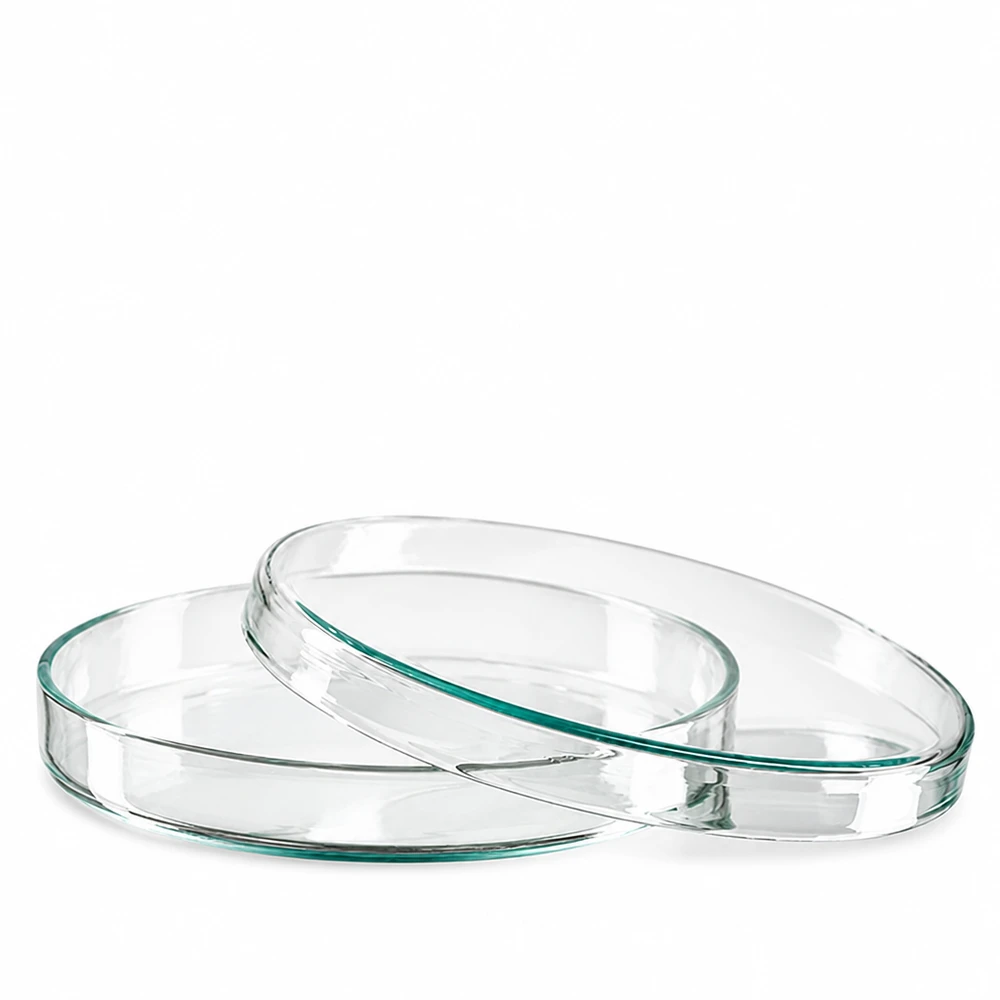 To runde, gennemsigtige petriskåle af glas, 100 x 15 mm, stablet på en hvid baggrund