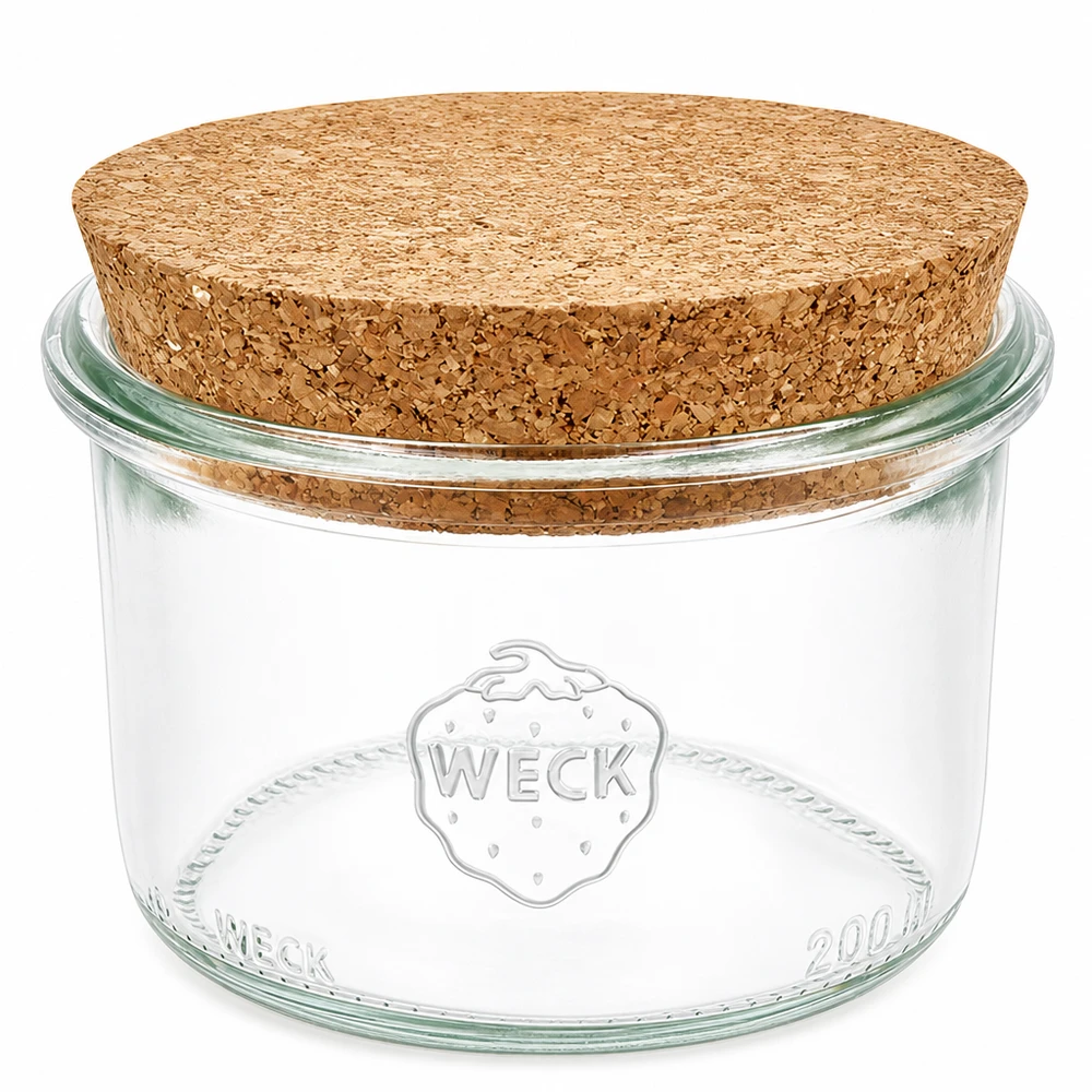 200 ml Briller WECK RR80 med kork natur WECK tumble jar 200ml RR80 med naturlig korkprop gennemsigtig konserveringskrukke opbevaringskrukke