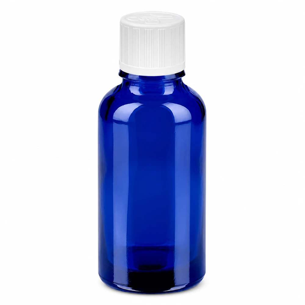 30 ml flaske 11 mm SV m. STD KiSi BlueLine UT18/30 30 ml blå glasflaske med hvid hætte til æteriske olier og kosmetik