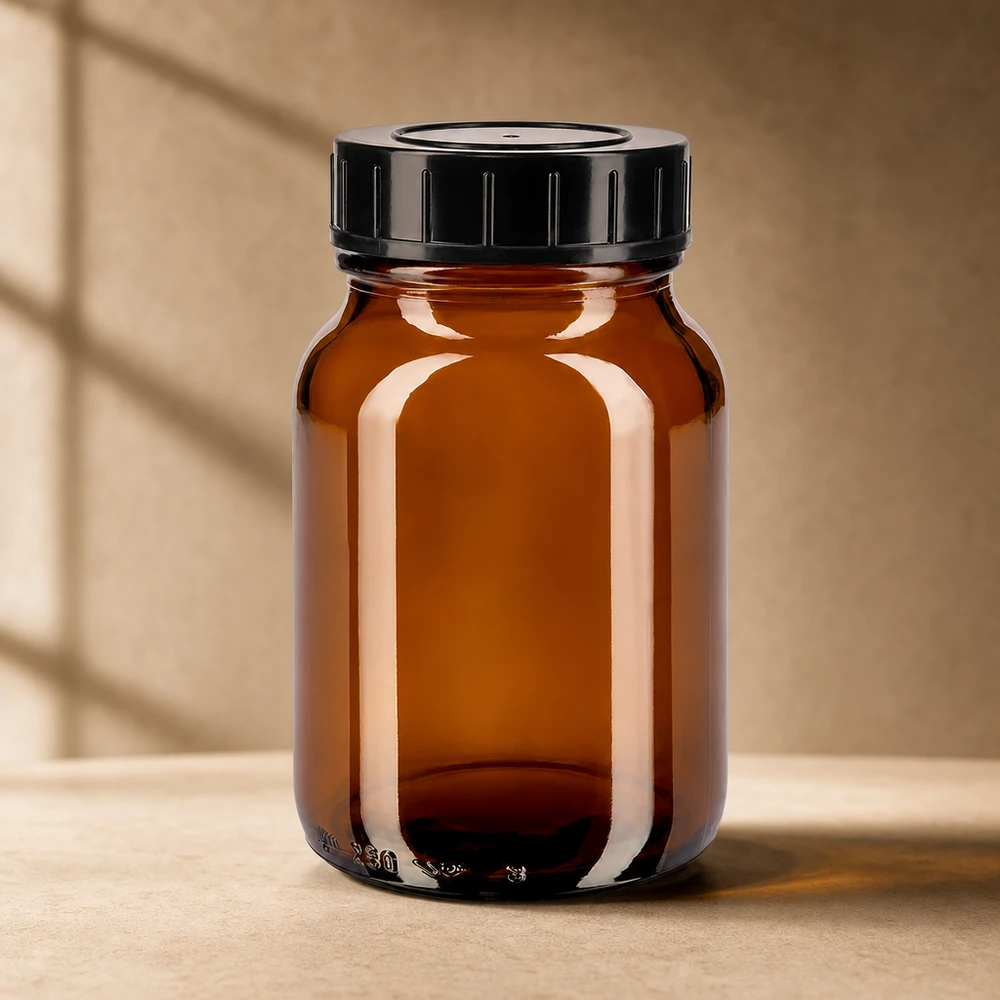 250 ml flaske med bred hals i ravfarvet glas med skruelåg Premium ravfarvet glasflaske med bred hals 250 ml med børnesikret skruelåg til medicinskabet