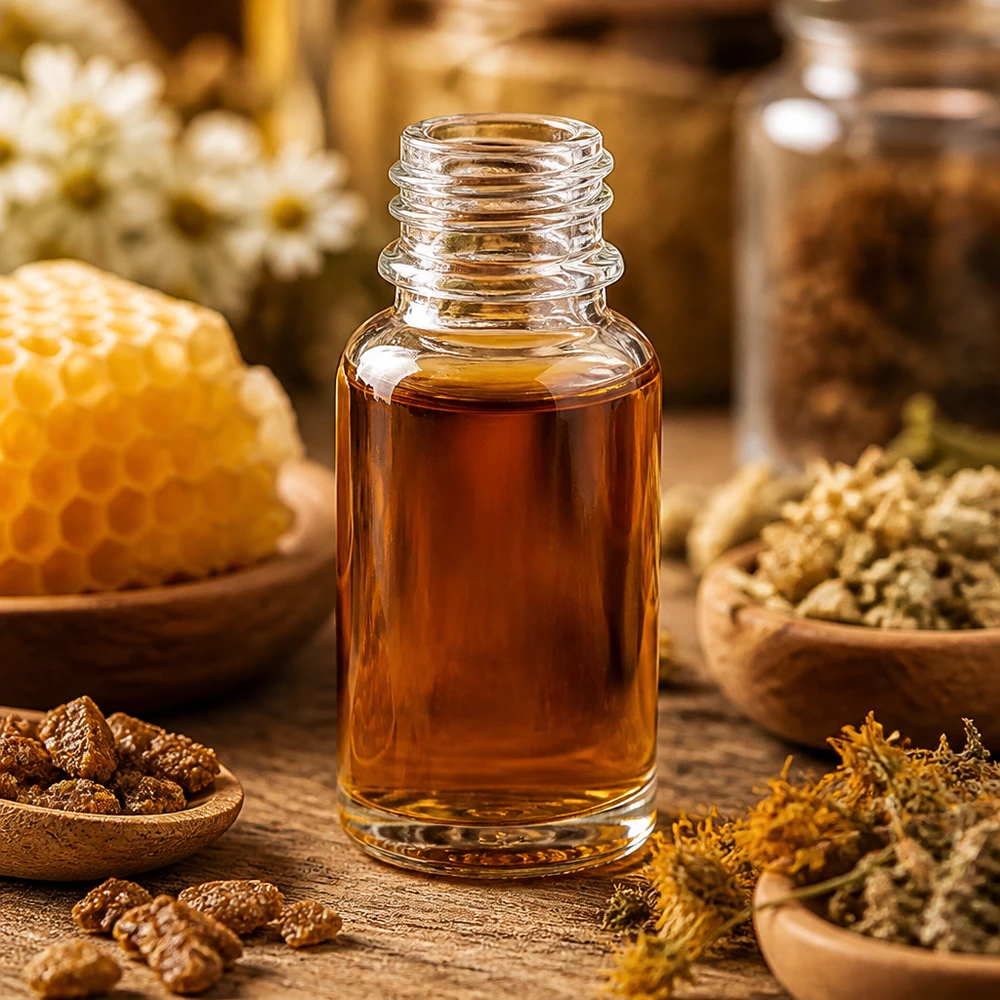 10 ml Apoteksflaske ClearLine DIN18 UNiTWIST 10 ml glasflaske med naturlægemiddel omgivet af bivoks, urter og propolis