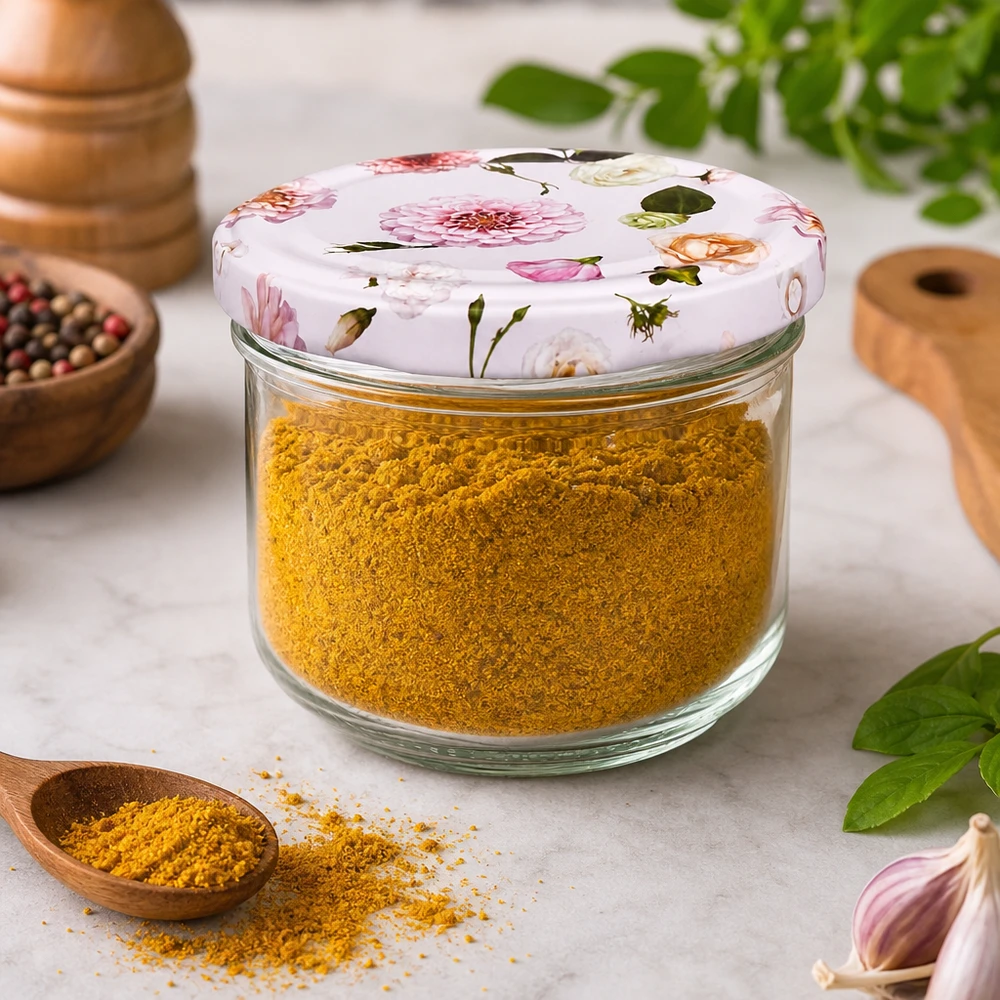 260 ml væltet glas + BasicSeal låg Blomst rosa UNiTWIST BasicSeal-glas 260 ml med blomsterlåg fyldt med gurkemejekrydderi - opbevaring af krydderier i dekorativt opbevaringsglas