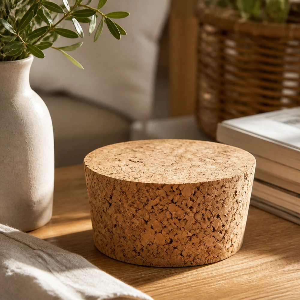 Kork til 40 mm åbning WECK RR40 (ø38/43, H=20 mm) WECK korkprop RR40 naturlig korkprop på træbord med vase og bøger stilfuld stueindretning 40mm åbning