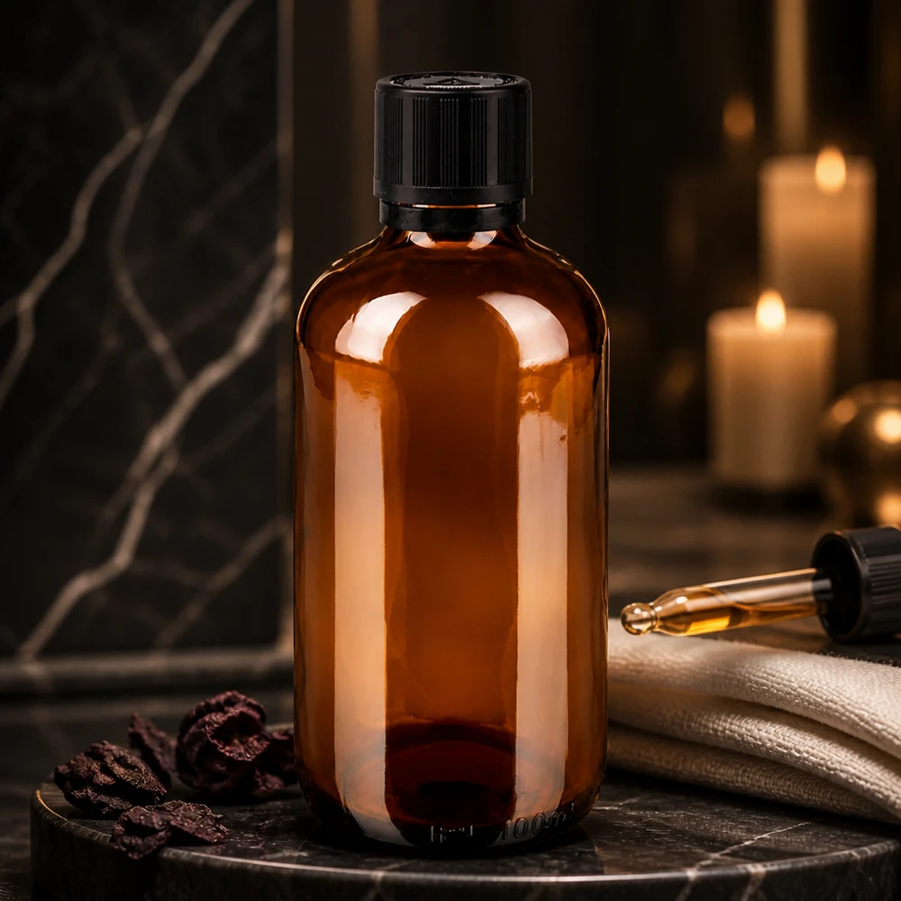 Apotfl. brun 100ml dryp v. Pr 1mm s. KiSi Bliw OV 100 ml brun glasflaske med sort originalitetslukning og børnesikring på marmorbaggrund