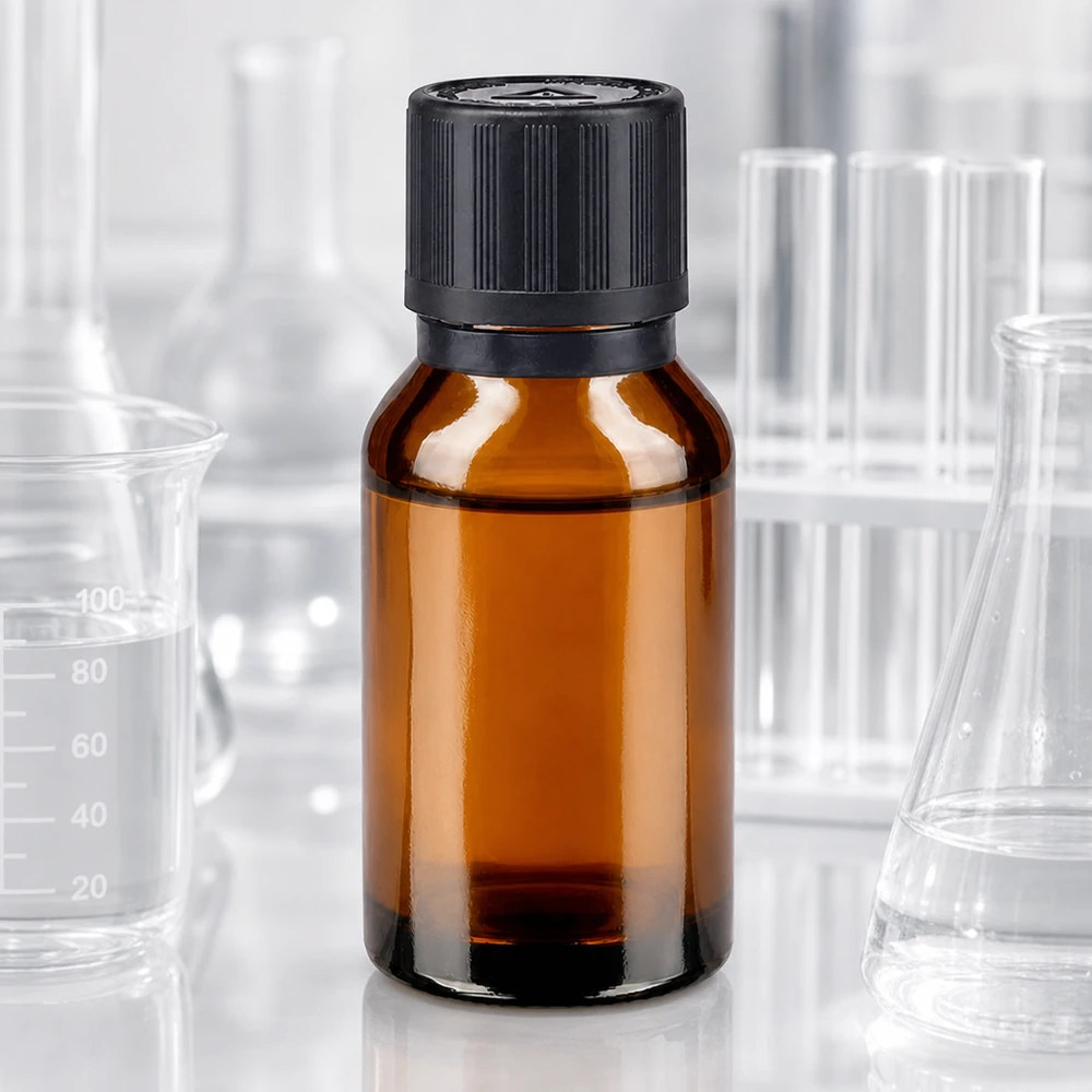 Apotekerflaske i brunt glas, 15 ml, med 1 mm dråbeåbning og sort børnesikret låg