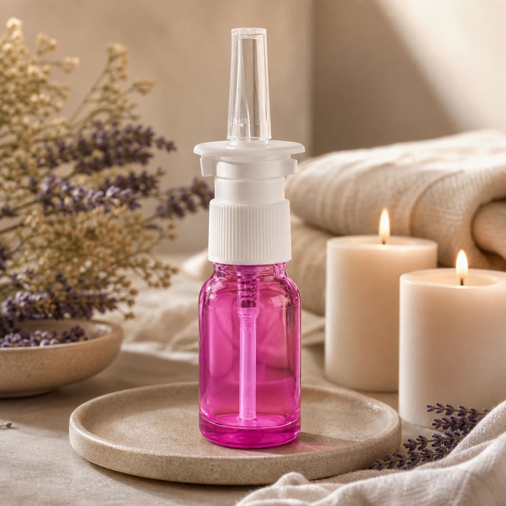 10 ml næsesprayflaske hvid/transparent standard PurpleLine. UT18/10 10 ml næsesprayflaske med STD-skruegevind UT18/10 i Purple Light til præcis dosering