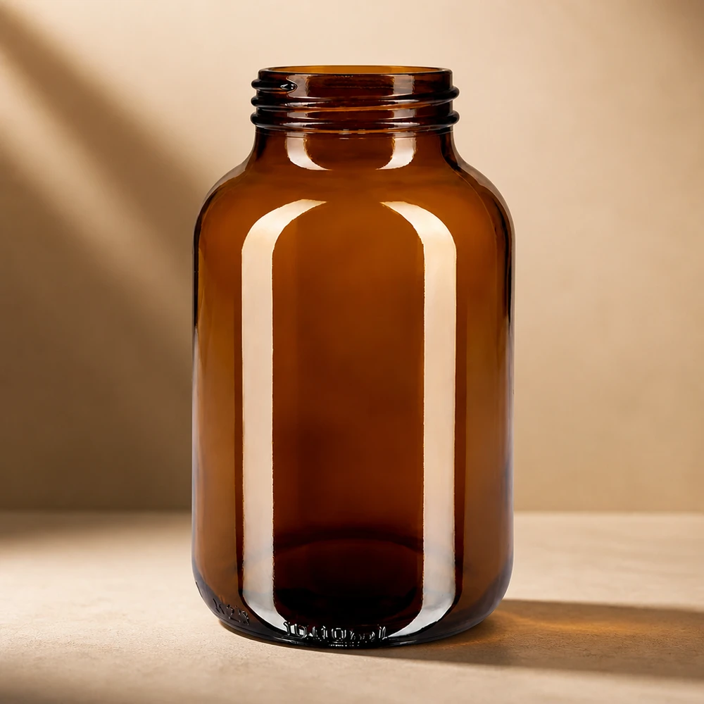 1000 ml flaske med bred hals i ravfarvet glas Robust 1000 ml glasflaske i brun for at beskytte mod UV-lys og skadelige stråler