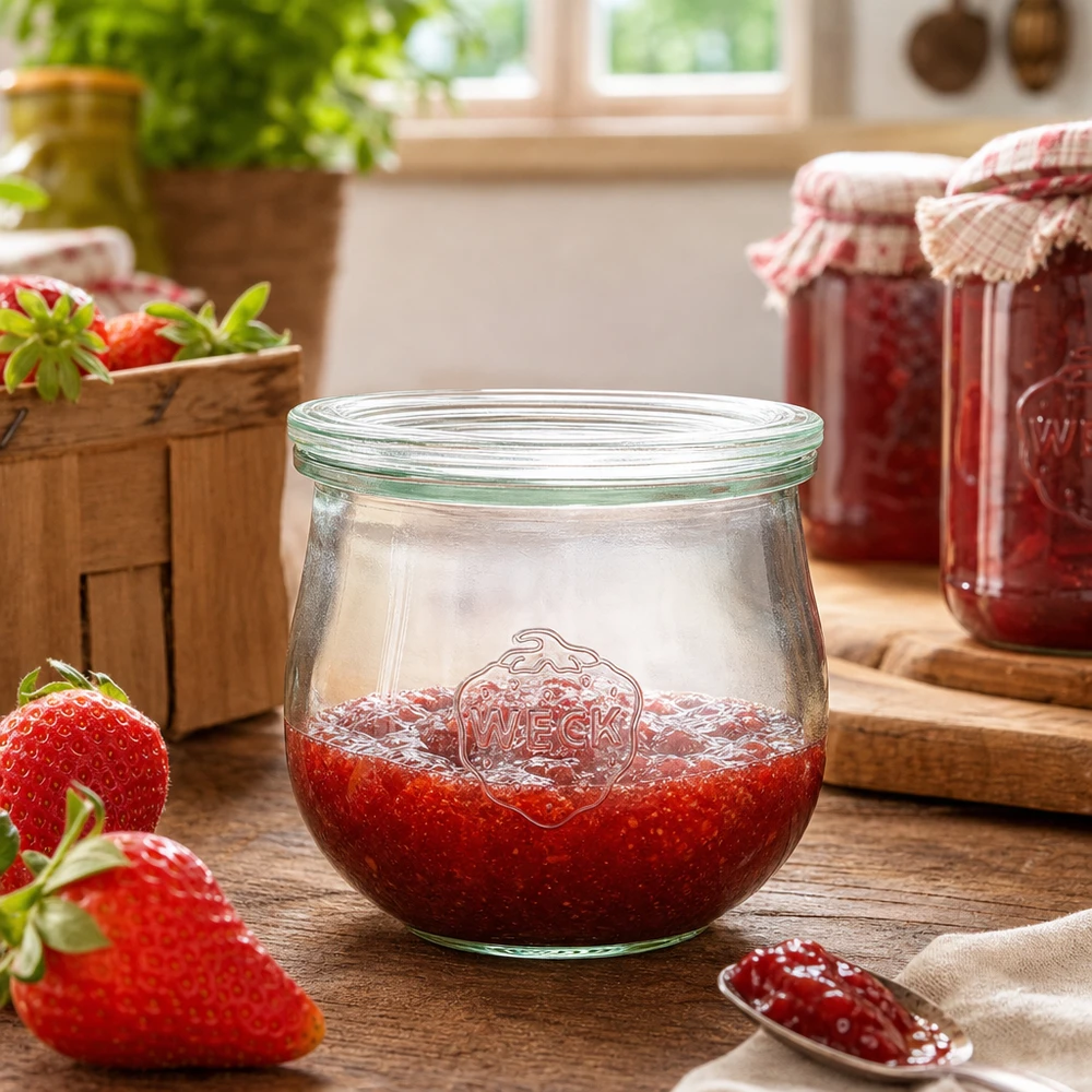 370 ml tulipankrukke med glaslåg WECK RR80 WECK tulipankrukke 370 ml RR80 fyldt med jordbærmarmelade i et rustikt køkken ved siden af friske jordbær og syltetøjsglas