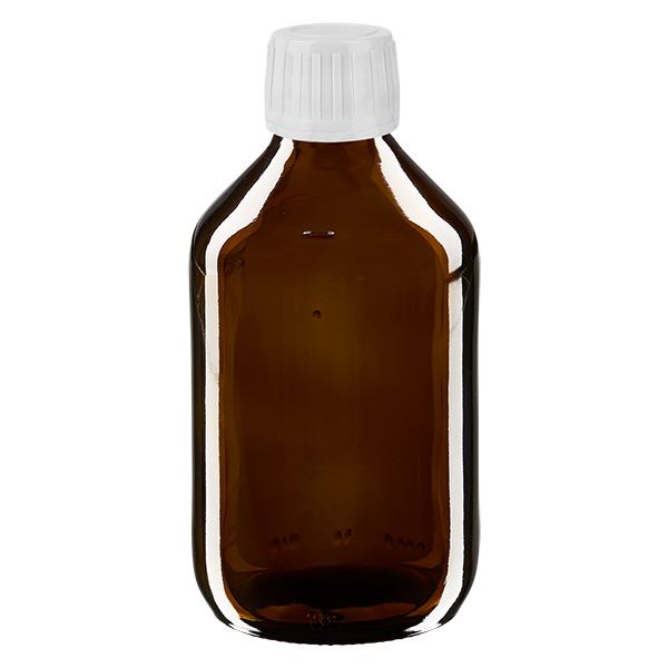 250 ml medicinflaske brun, hvid hætte med manipulationssikker ring ApoGlas. Farmaceutisk kvalitet fra EU-produktion. 28 mm (PP28) gevind. (sirup, lys glasflaske) 250 ml medicinflaske brun, hvid hætte med manipulationssikker ring ApoGlas. Farmaceutisk kvalitet fra EU-produktion. 28 mm (PP28) gevind. (sirup, lys glasflaske)