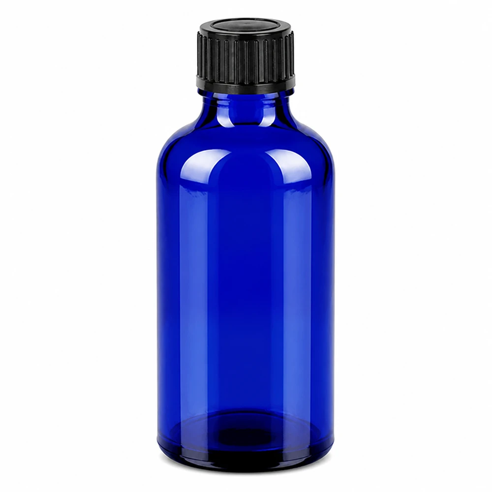 50 ml flaske 11 mm SV sort OV BlueLine UT18/50 50 ml blå glasflaske med sort skruelåg til kosmetik og lægemidler