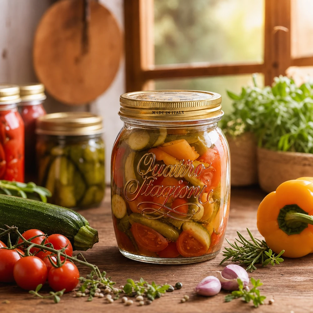 700 ml rundt glas "Quattro Stagioni" med låg Quattro Stagioni 700 ml syltekrukke med syltede grøntsager omgivet af friske ingredienser på et rustikt træbord