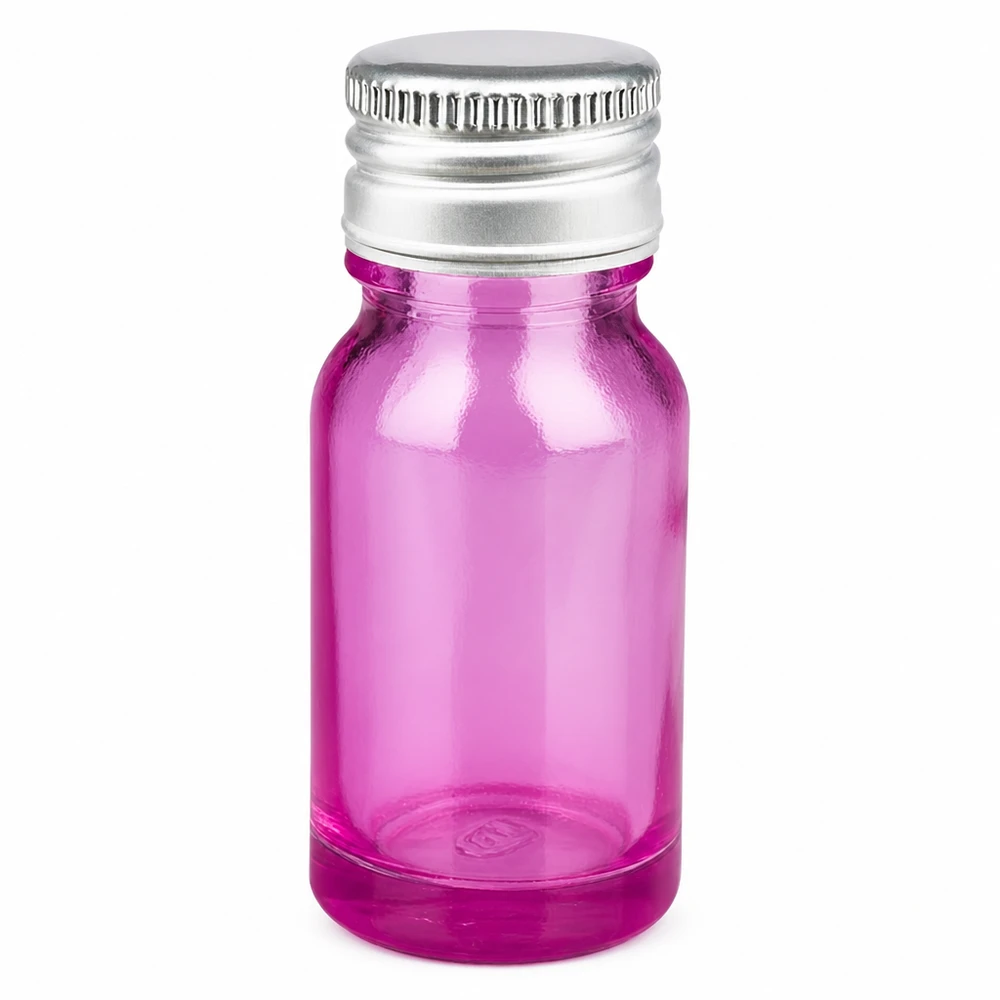 10ml flaske 11mm skruelåg aluminium-sølv standard PurpleLine.UT18/10 10 ml glasflaske i lilla med sølvfarvet skruelåg i aluminium til æteriske olier