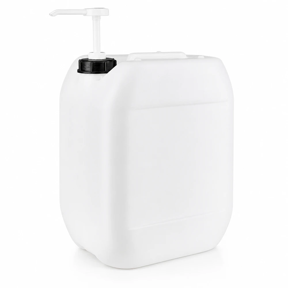 Hvid 10-liters plastdunk med doseringspumpe til præcis dosering af væsker