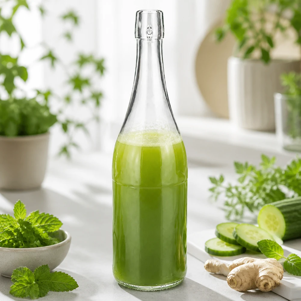 750 ml glasflaske uden skruelåg UNiTWIST 750 ml UNiTWIST-glasflaske fyldt med grøn smoothie mellem friske urter agurk ingefær sund ernæring