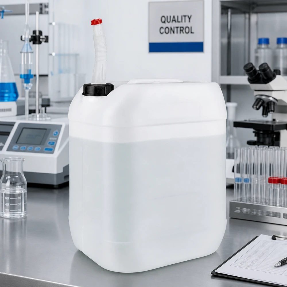 20 liters beholder med Flex-udløbsrør Gennemsigtig væskebeholder på 20 liter med bøjeligt udløbsrør i kvalitetskontrolaboratoriet