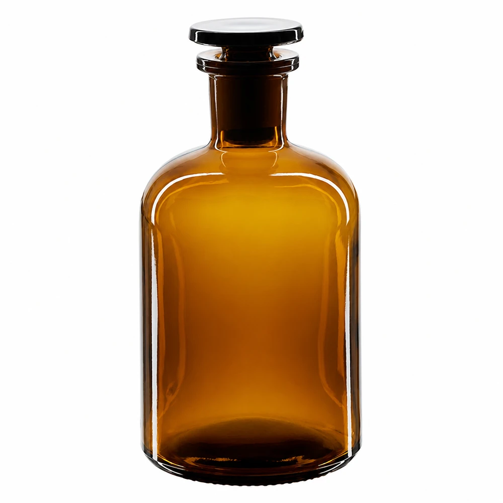 Rund skulderflaske 250 ml brun glasprop med smal hals Brun flaske med runde skuldre, 250 ml, med glasprop og smal hals, fremstillet af laboratorieglas af høj kvalitet