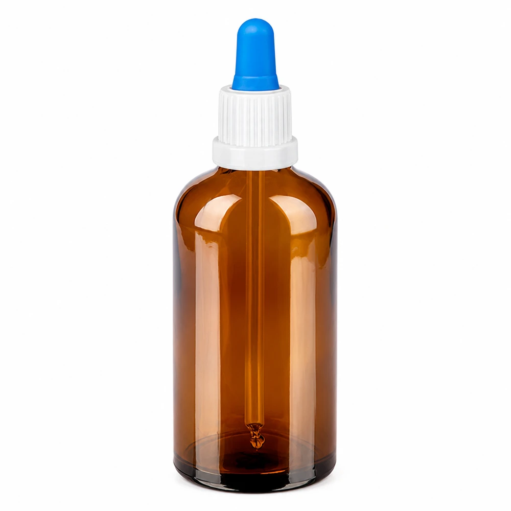 100 ml pipetteflaske hvid/blå OV BrownLine UT18/100 100 ml pipetteflaske af ravfarvet glas med hvid hætte og blå pipette til præcis dosering