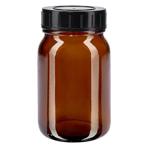 200 ml flaske med bred hals i ravfarvet glas med skruelåg