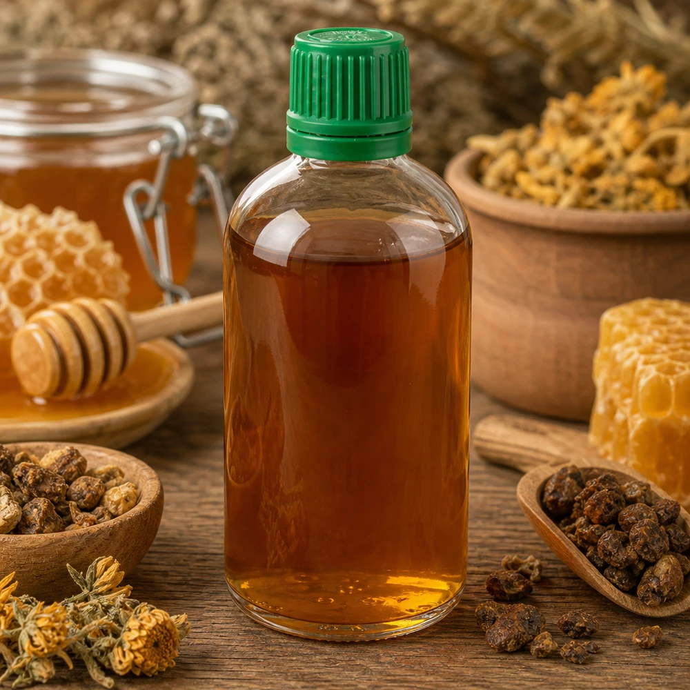 100 ml flaske 11 mm SV grøn OV ClearLine UT18/100 Propolis-tinktur i 100 ml ClearLine-glasflaske UT18 med grøn skruelåg 11 mm Naturmedicin