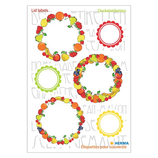 Lågetiketter "Fruit" (18 klistermærker) ø24/43mm | 3 ark = 18 papirklistermærker. Lågetiketter "Fruit" (18 klistermærker) ø24/43mm | 3 ark = 18 papirklistermærker.
