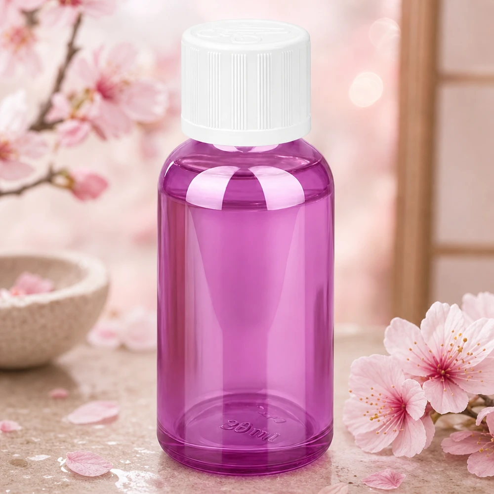 30 ml flaske 11 mm skruelåg hvid standard børnesikret PurpleLine UT18/30 Lilla glasflaske 30 ml med børnesikret låg - ideel til sikker opbevaring af væsker