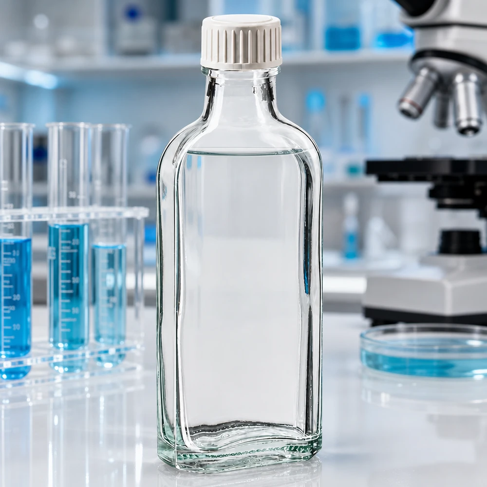 Rektangulær 100 ml laboratorieflaske af klart glas med hvid skruelåg og indlæg af PE-skum